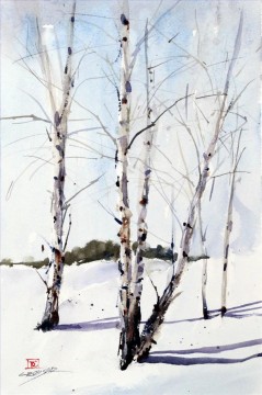 Landscapes Painting - BIRCH TREES in SNOW Watercolor landscape